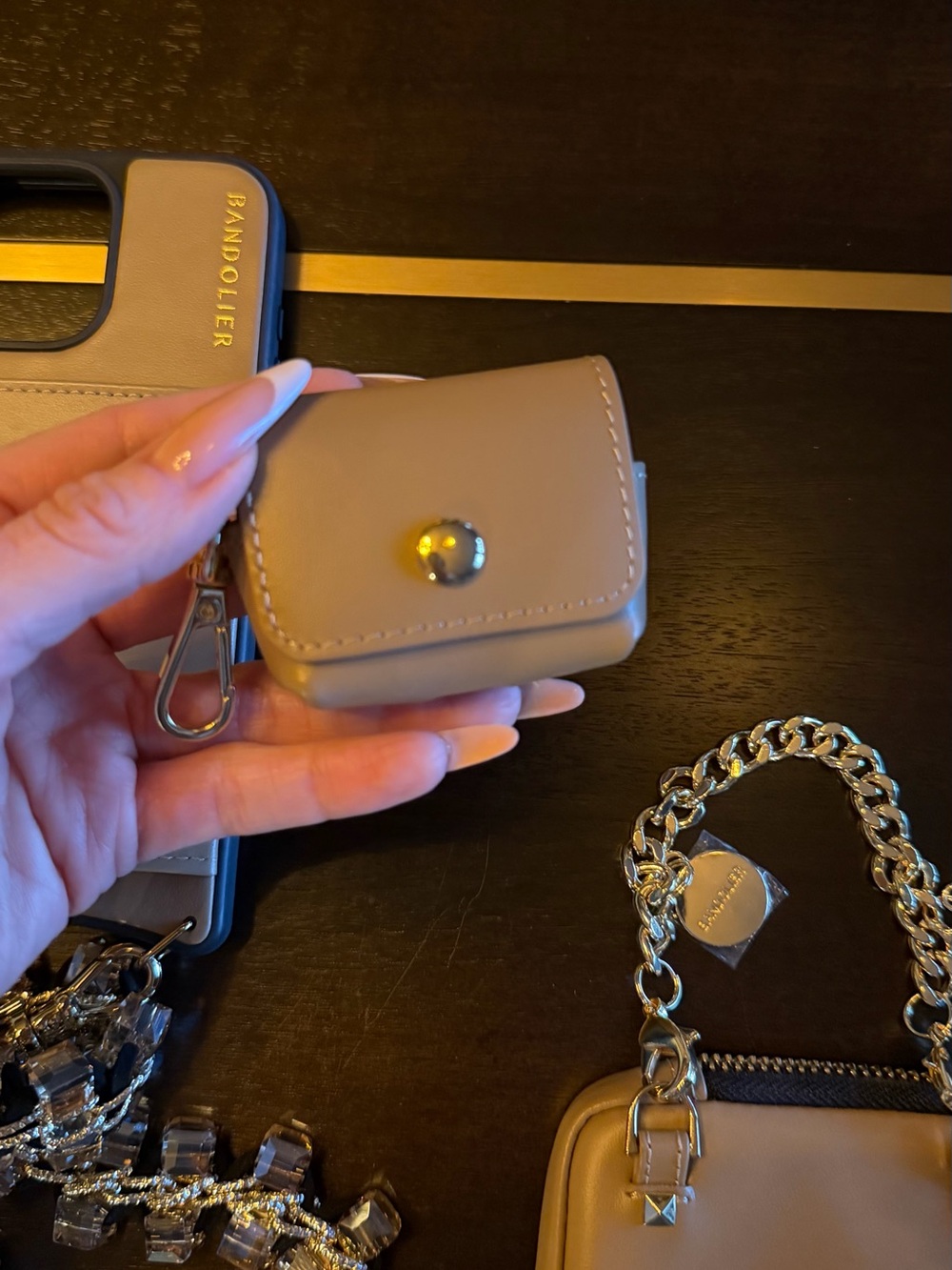 Bandolier Tan Crystal Phone Crossbody Set with Gold Chain Accents & AirPod Case - Picture 7 of 9